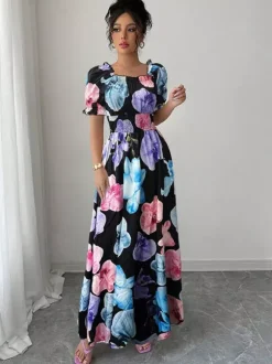 Floral Print Square Neck Maxi Dress For Women Elegant Summer Ready