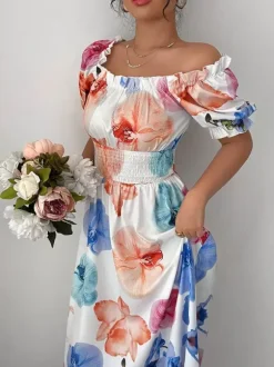 Floral Print Square Neck Maxi Dress For Women Elegant Summer Ready