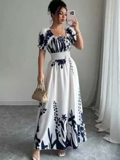Floral Print Square Neck Maxi Dress For Women Elegant Summer Ready