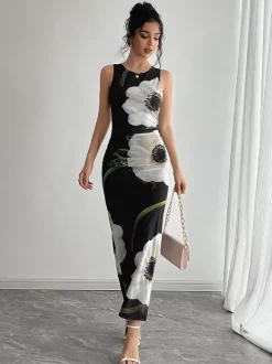 Floral Print Women Maxi Dress - Elegant Ruched Bodycon - 90s Vintage Aesthetic Summer Daily Wear 2026