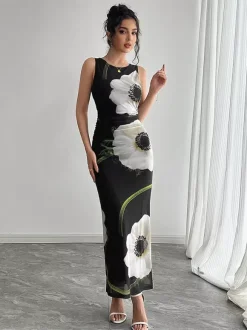 Floral Print Women Maxi Dress - Elegant Ruched Bodycon - 90s Vintage Aesthetic Summer Daily Wear 2026
