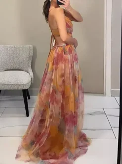 Floral Printed Maxi Strap Dress Cut Out Cross Waist Floor-Length Elegant Long Party Gown For Women 2026