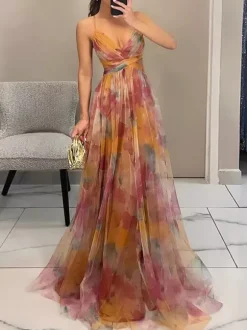 Floral Printed Maxi Strap Dress Cut Out Cross Waist Floor-Length Elegant Long Party Gown For Women 2026
