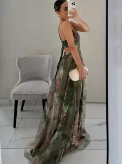 Floral Printed Maxi Strap Dress Cut Out Cross Waist Floor-Length Elegant Long Party Gown For Women 2026