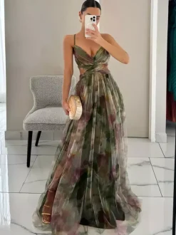 Floral Printed Maxi Strap Dress Cut Out Cross Waist Floor-Length Elegant Long Party Gown For Women 2026