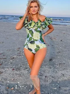 Floral Printed Off- Shoulder Ruffle One-piece Swimsuit And Long Skirt Set 2026