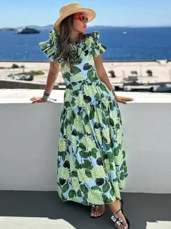 Floral Printed Off- Shoulder Ruffle One-piece Swimsuit And Long Skirt Set 2026
