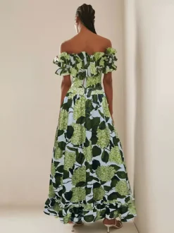 Floral Printed Off- Shoulder Ruffle One-piece Swimsuit And Long Skirt Set 2026