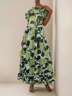 Floral Printed Off- Shoulder Ruffle One-piece Swimsuit And Long Skirt Set 2026