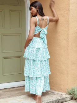 Floral Printed Ruffle Maxi Slip Dress For Women - Boho Tiered A-Line Strappy Sun Dress - Summer Beach Vacation 2026