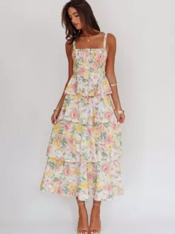 Floral Printed Ruffle Maxi Slip Dress For Women - Boho Tiered A-Line Strappy Sun Dress - Summer Beach Vacation 2026