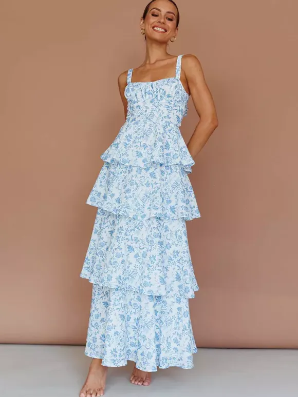 Floral Printed Ruffle Maxi Slip Dress For Women - Boho Tiered A-Line Strappy Sun Dress - Summer Beach Vacation 2026