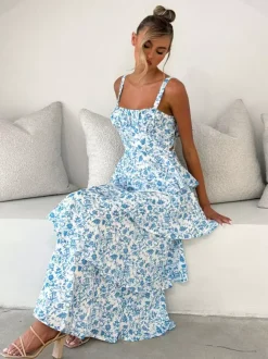 Floral Printed Ruffle Maxi Slip Dress For Women - Boho Tiered A-Line Strappy Sun Dress - Summer Beach Vacation 2026