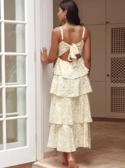 Floral Printed Ruffle Maxi Slip Dress For Women - Boho Tiered A-Line Strappy Sun Dress - Summer Beach Vacation 2026