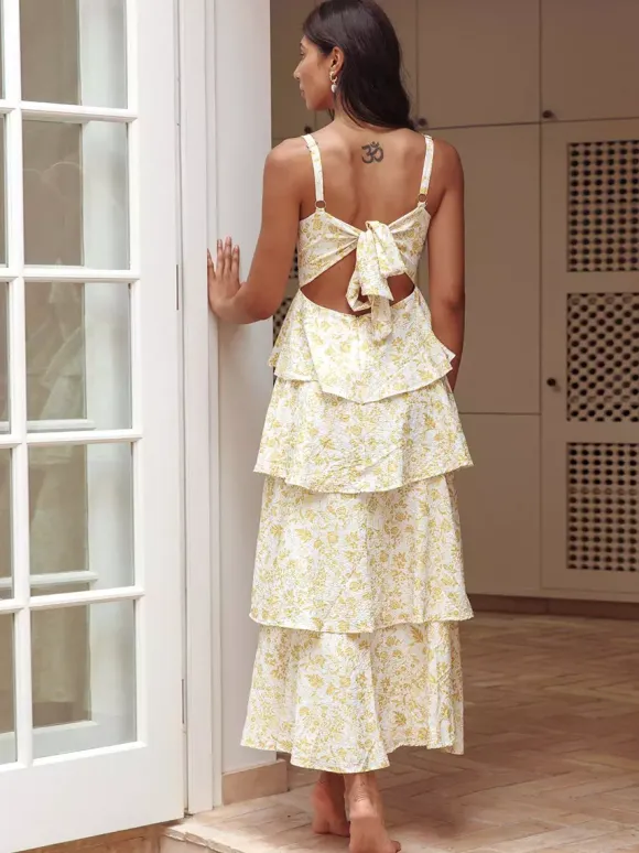 Floral Printed Ruffle Maxi Slip Dress For Women - Boho Tiered A-Line Strappy Sun Dress - Summer Beach Vacation 2026