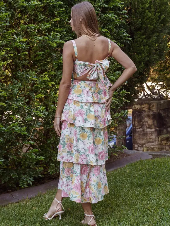 Floral Printed Ruffle Maxi Slip Dress For Women - Boho Tiered A-Line Strappy Sun Dress - Summer Beach Vacation 2026