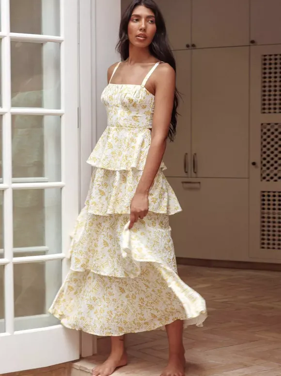 Floral Printed Ruffle Maxi Slip Dress For Women - Boho Tiered A-Line Strappy Sun Dress - Summer Beach Vacation 2026