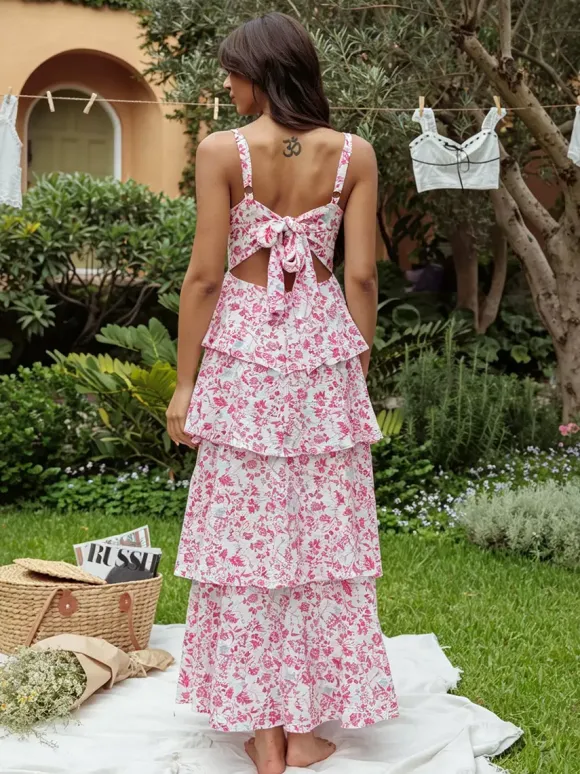 Floral Printed Ruffle Maxi Slip Dress For Women - Boho Tiered A-Line Strappy Sun Dress - Summer Beach Vacation 2026