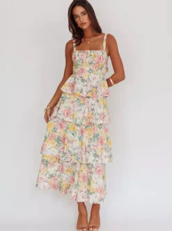 Floral Printed Ruffle Maxi Slip Dress For Women - Boho Tiered A-Line Strappy Sun Dress - Summer Beach Vacation 2026