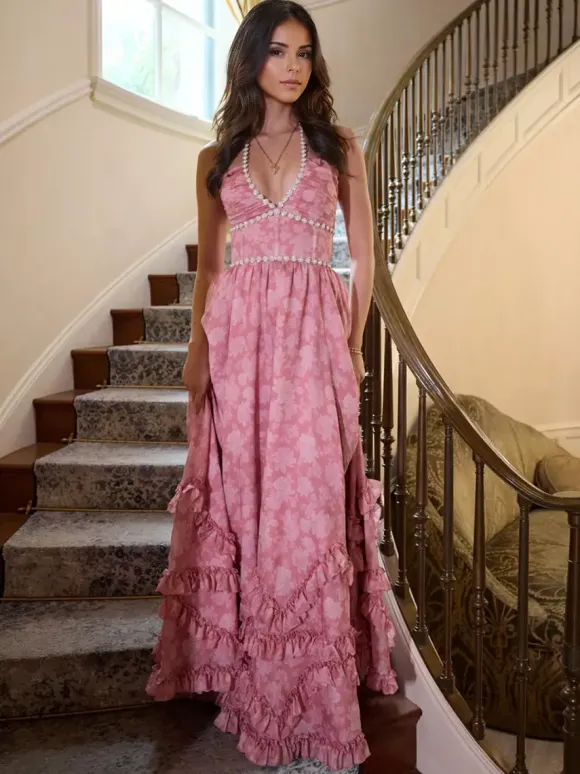 Floral Ruffle Maxi Party Dress With Halter Neckline And High Slit 2026