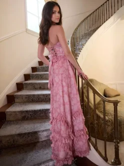 Floral Ruffle Maxi Party Dress With Halter Neckline And High Slit 2026