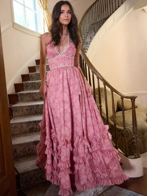 Floral Ruffle Maxi Party Dress With Halter Neckline And High Slit 2026