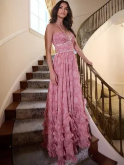 Floral Ruffle Maxi Party Dress With Halter Neckline And High Slit 2026