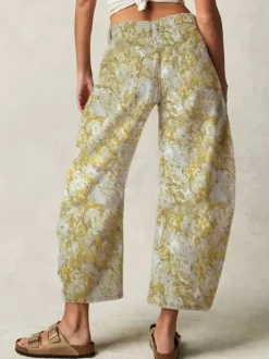 Floral Barrel Jeans For Women -Yellow Retro Horseshoe Baggy Denim Trousers - Spring Casual Streetwear 2026