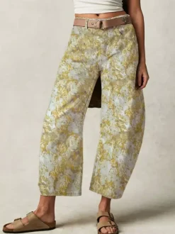 Floral Barrel Jeans For Women -Yellow Retro Horseshoe Baggy Denim Trousers - Spring Casual Streetwear 2026