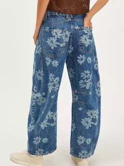Floral Barrel Leg Jeans For Women - Boho Horseshoe Cut Wide Leg Denim Pants - Spring Music Festival 2026