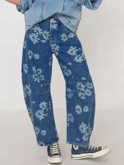 Floral Barrel Leg Jeans For Women - Boho Horseshoe Cut Wide Leg Denim Pants - Spring Music Festival 2026