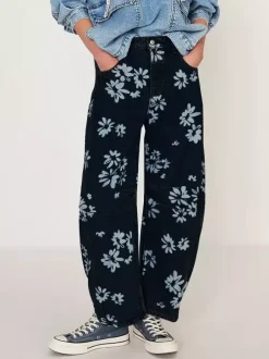 Floral Barrel Leg Jeans For Women - Boho Horseshoe Cut Wide Leg Denim Pants - Spring Music Festival 2026