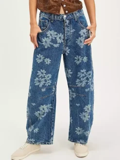Floral Barrel Leg Jeans For Women - Boho Horseshoe Cut Wide Leg Denim Pants - Spring Music Festival 2026