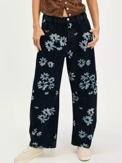 Floral Barrel Leg Jeans For Women - Boho Horseshoe Cut Wide Leg Denim Pants - Spring Music Festival 2026