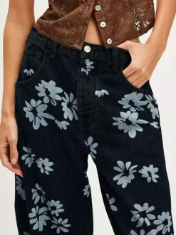 Floral Barrel Leg Jeans For Women - Boho Horseshoe Cut Wide Leg Denim Pants - Spring Music Festival 2026