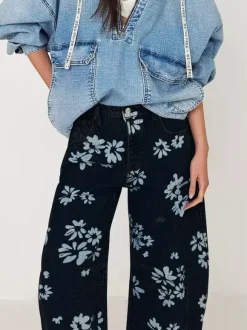 Floral Barrel Leg Jeans For Women - Boho Horseshoe Cut Wide Leg Denim Pants - Spring Music Festival 2026