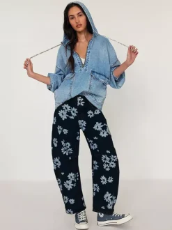 Floral Barrel Leg Jeans For Women - Boho Horseshoe Cut Wide Leg Denim Pants - Spring Music Festival 2026
