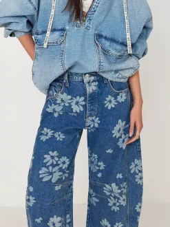 Floral Barrel Leg Jeans For Women - Boho Horseshoe Cut Wide Leg Denim Pants - Spring Music Festival 2026