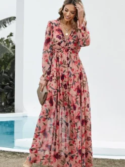 Floral Boho Maxi Dress For Women - High Waist Long Sleeve Ruffle V-Neck Gown - Spring Garden Wedding Guest 2026