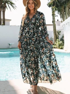 Floral Boho Maxi Dress For Women - High Waist Long Sleeve Ruffle V-Neck Gown - Spring Garden Wedding Guest 2026