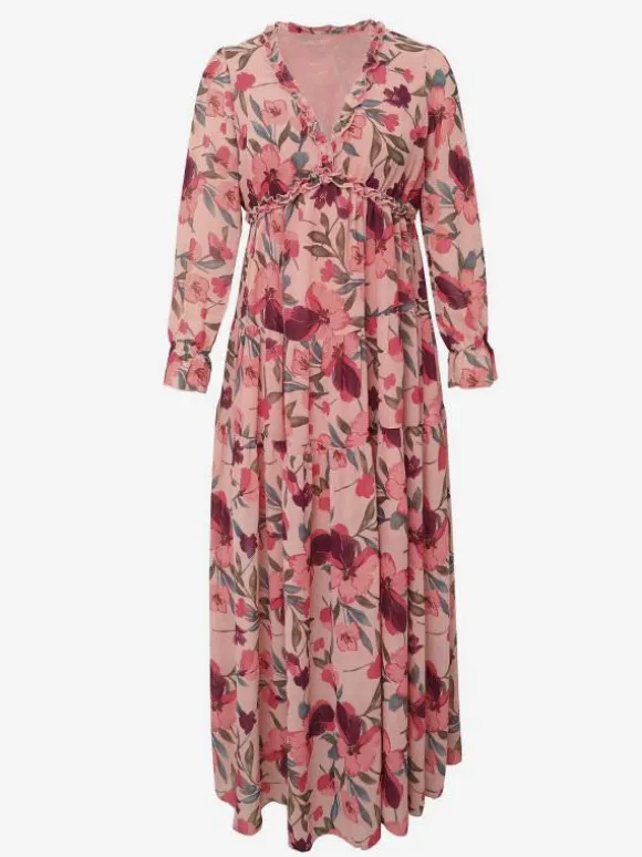 Floral Boho Maxi Dress For Women - High Waist Long Sleeve Ruffle V-Neck Gown - Spring Garden Wedding Guest 2026
