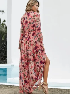 Floral Boho Maxi Dress For Women - High Waist Long Sleeve Ruffle V-Neck Gown - Spring Garden Wedding Guest 2026
