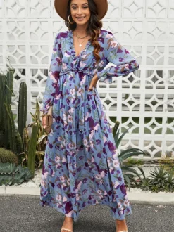 Floral Boho Maxi Dress For Women - High Waist Long Sleeve Ruffle V-Neck Gown - Spring Garden Wedding Guest 2026