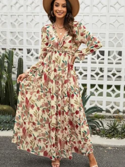 Floral Boho Maxi Dress For Women - High Waist Long Sleeve Ruffle V-Neck Gown - Spring Garden Wedding Guest 2026