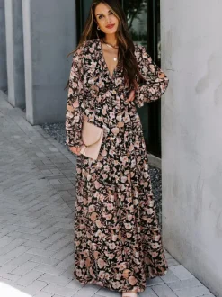 Floral Boho Maxi Dress For Women - High Waist Long Sleeve Ruffle V-Neck Gown - Spring Garden Wedding Guest 2026