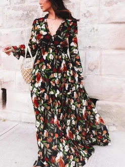Floral Boho Maxi Dress For Women - High Waist Long Sleeve Ruffle V-Neck Gown - Spring Garden Wedding Guest 2026