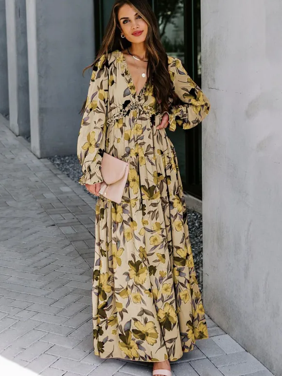 Floral Boho Maxi Dress For Women - High Waist Long Sleeve Ruffle V-Neck Gown - Spring Garden Wedding Guest 2026