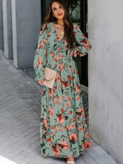 Floral Boho Maxi Dress For Women - High Waist Long Sleeve Ruffle V-Neck Gown - Spring Garden Wedding Guest 2026