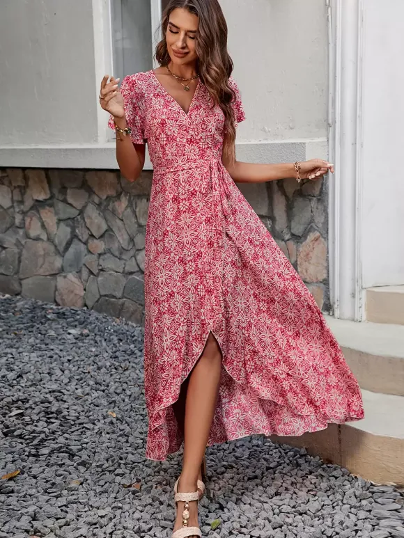 Floral Boho Short Sleeve Wrap Maxi Dress - V Neck Belted High-Low Flowy Sun Dress - Summer Beach Vacation 2026