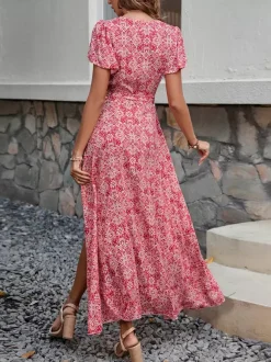 Floral Boho Short Sleeve Wrap Maxi Dress - V Neck Belted High-Low Flowy Sun Dress - Summer Beach Vacation 2026